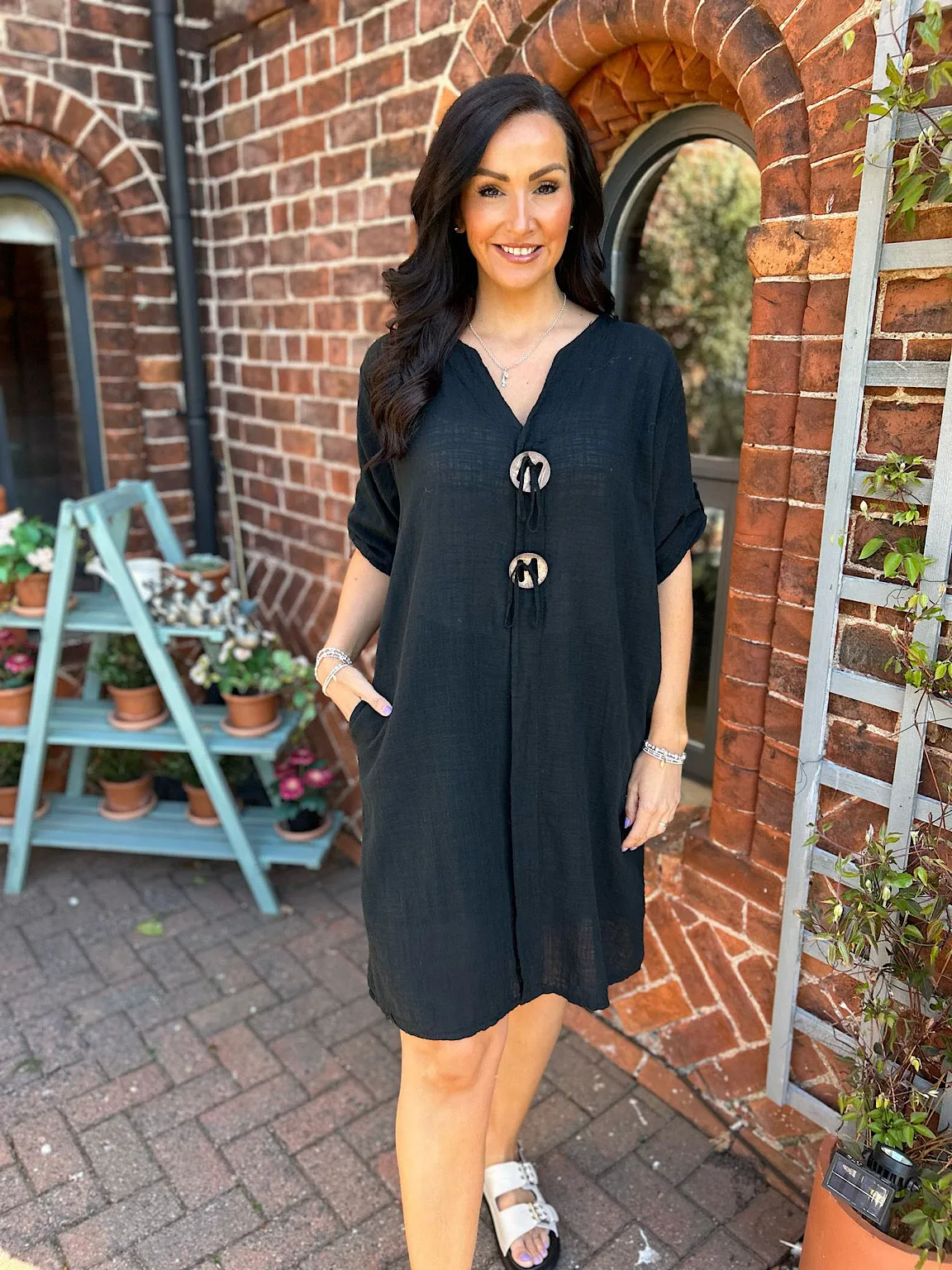 Black Button Detail Cotton Dress Ivy