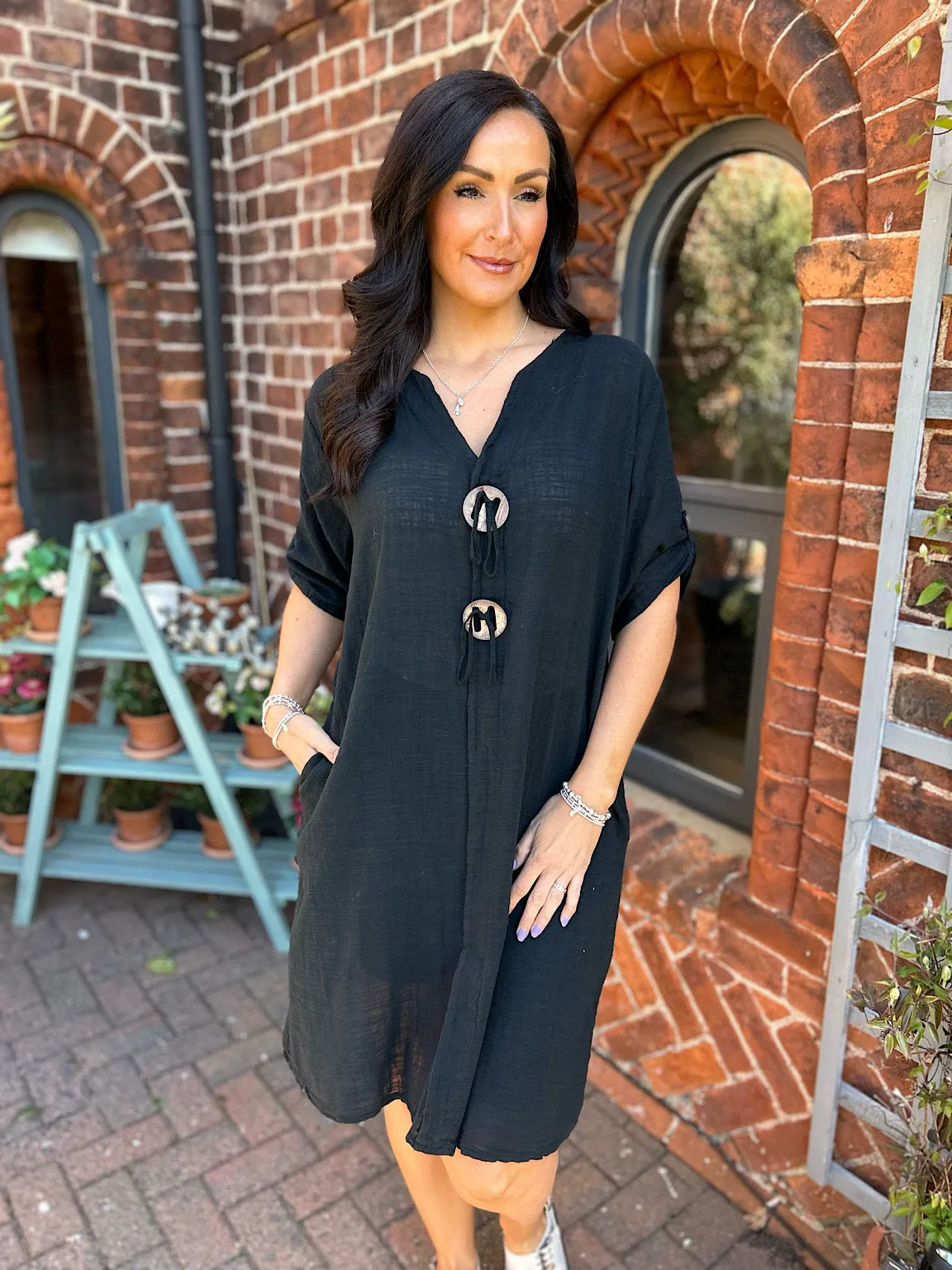 Black Button Detail Cotton Dress Ivy