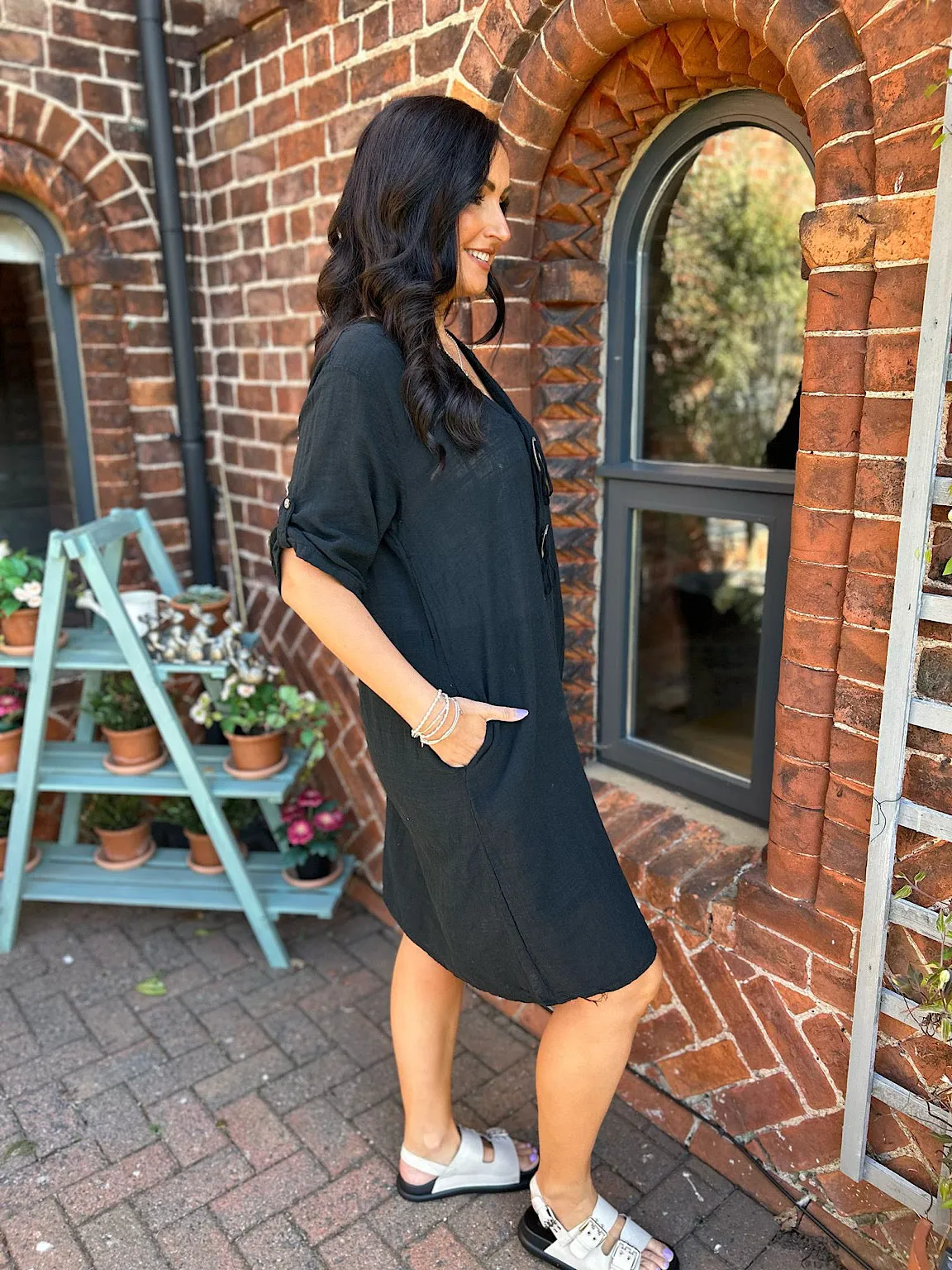 Black Button Detail Cotton Dress Ivy