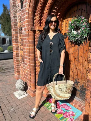 Black Button Detail Cotton Dress Ivy