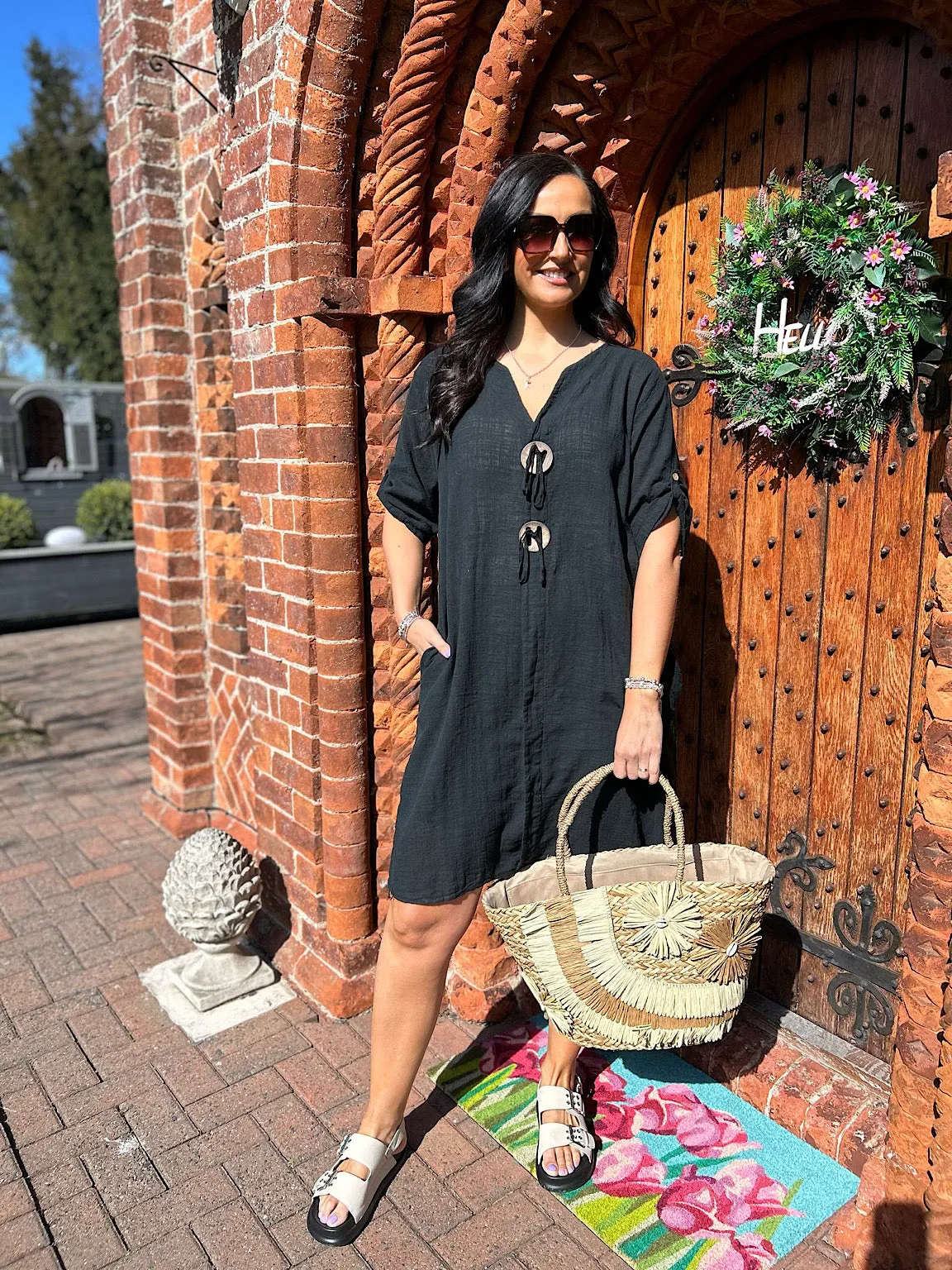 Black Button Detail Cotton Dress Ivy