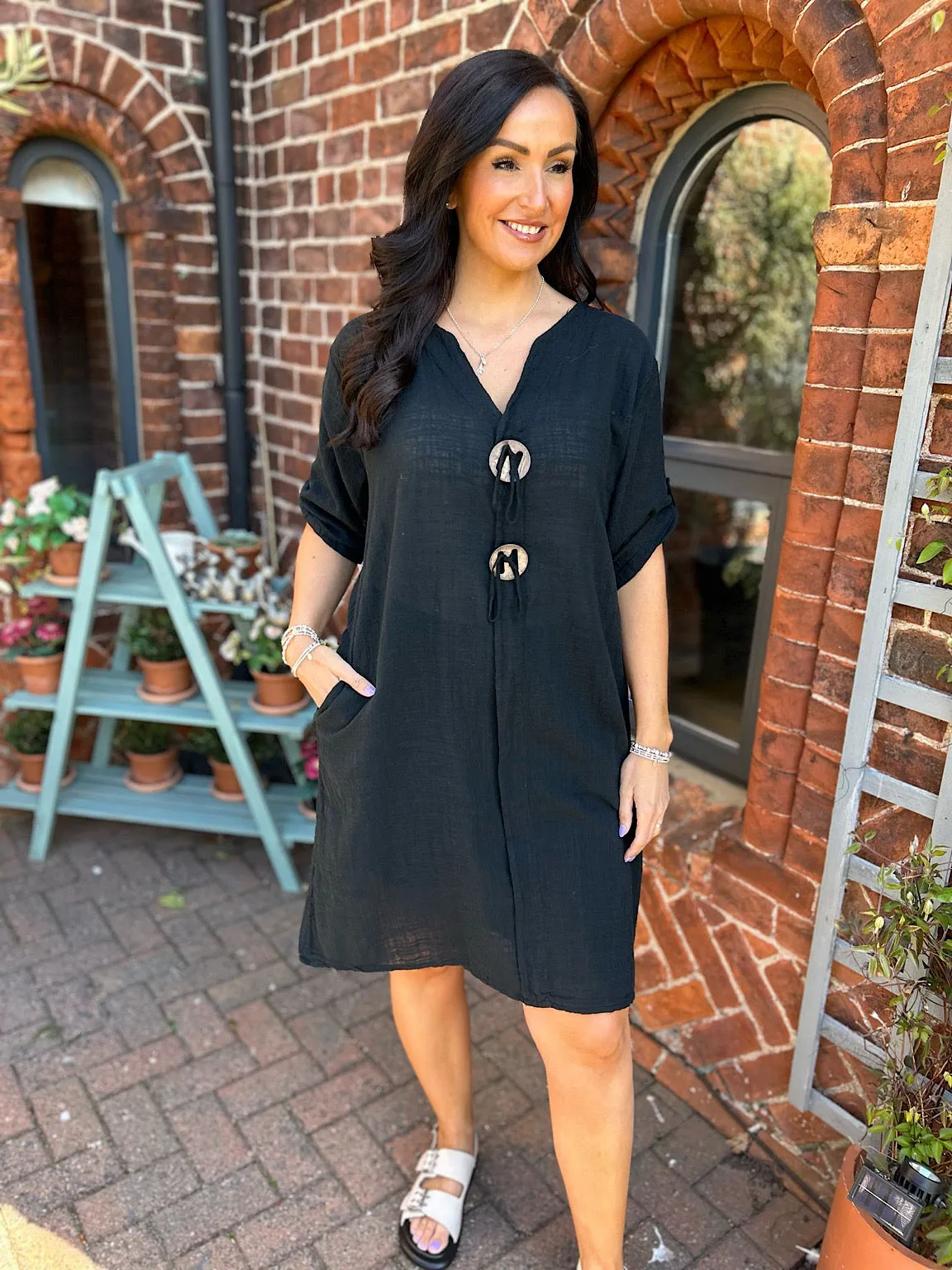 Black Button Detail Cotton Dress Ivy