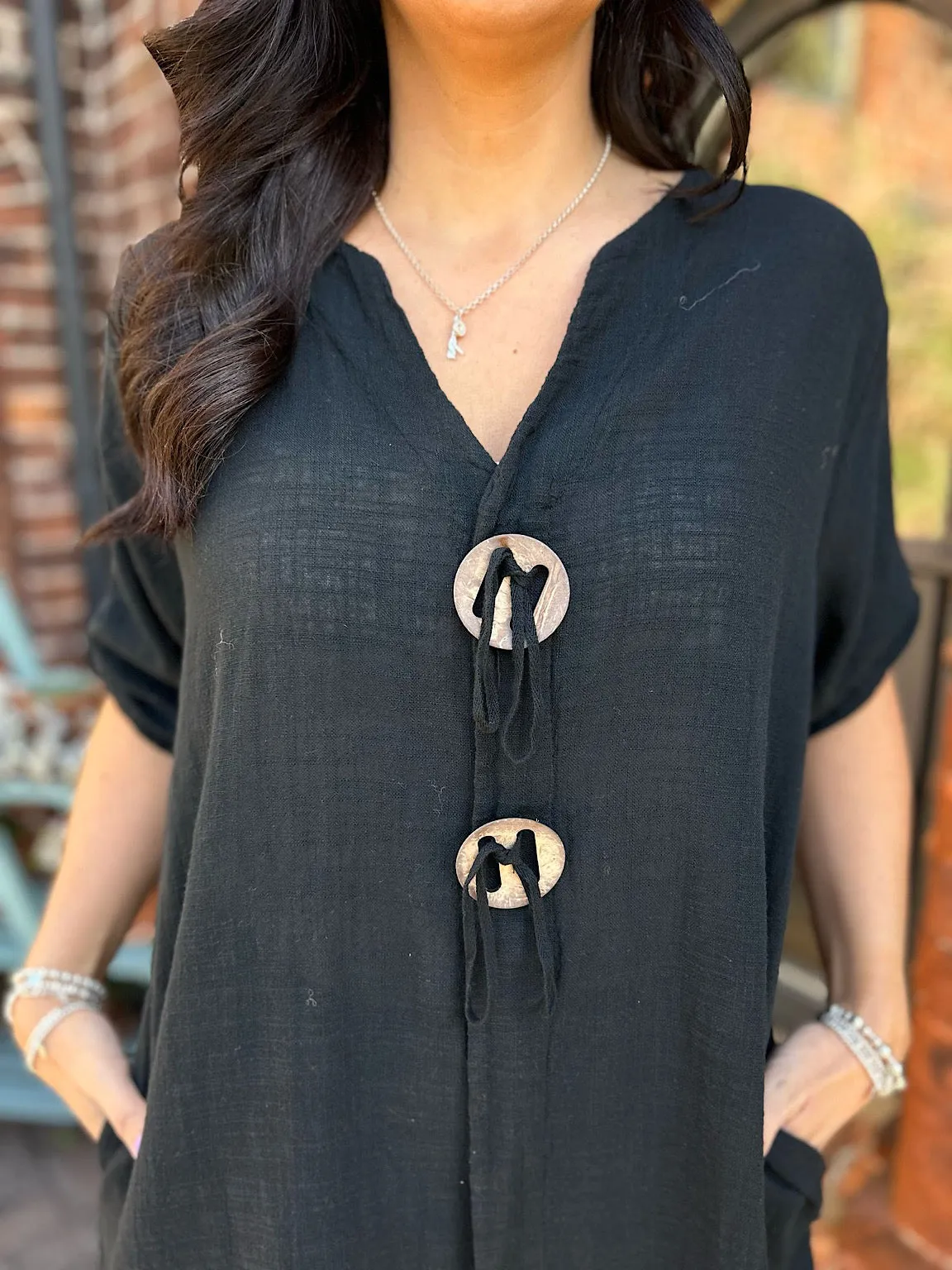 Black Button Detail Cotton Dress Ivy