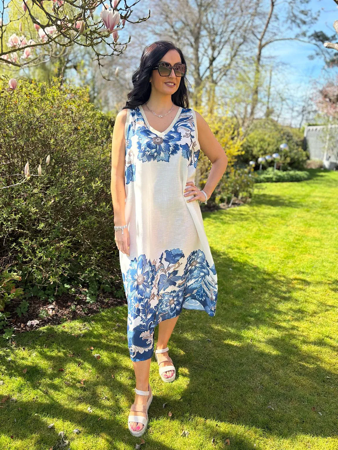 Blue Gold Trim Sleeveless Floral Dress Immy