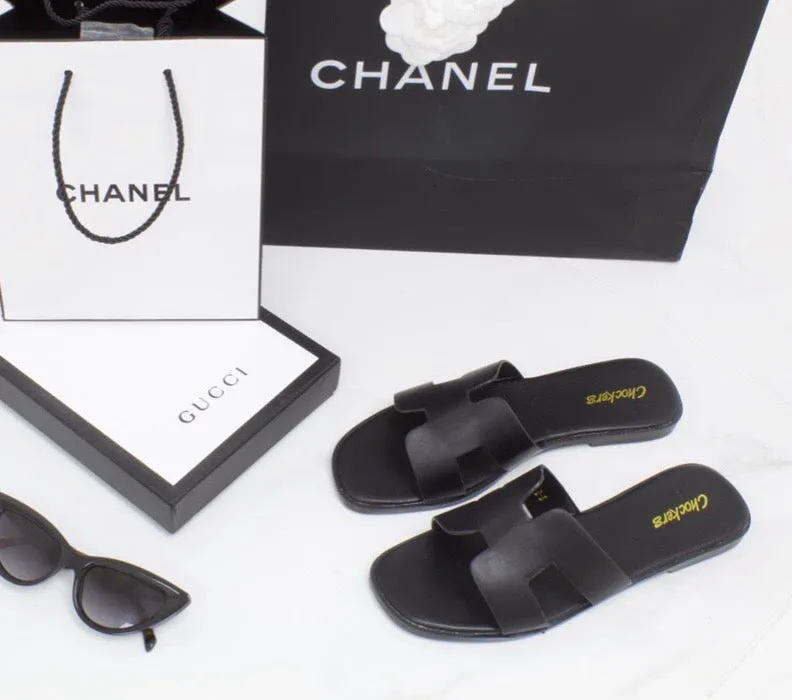 Hillary - Black H Style Flat Slider Sandal