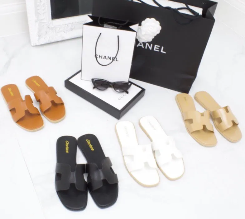 Hillary - Black H Style Flat Slider Sandal