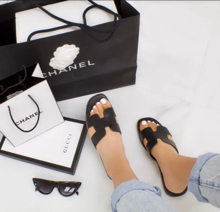 Hillary - Black H Style Flat Slider Sandal