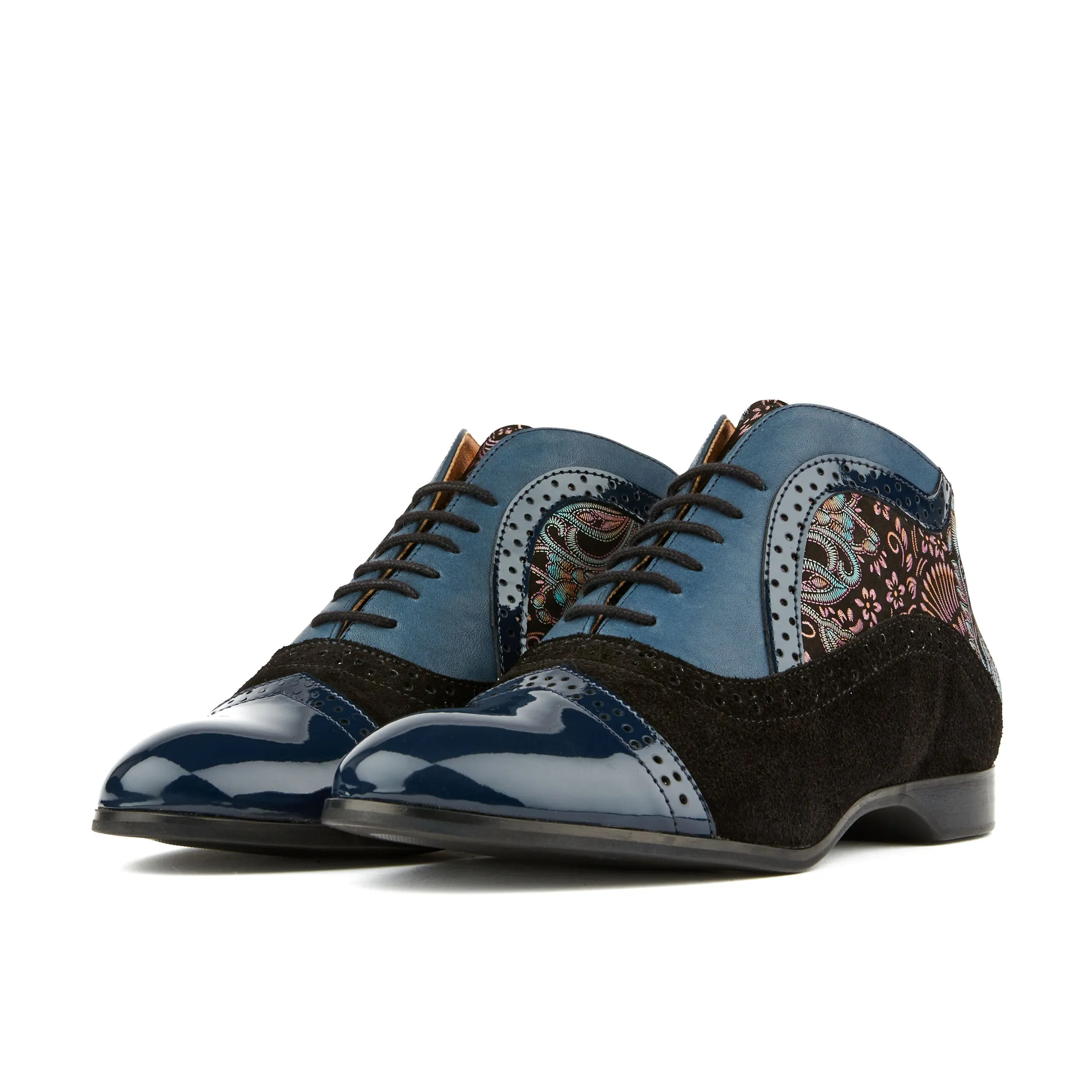 Jasmine - Blue Multi - Women's mixed leather oxford ankle boot in brogue styling