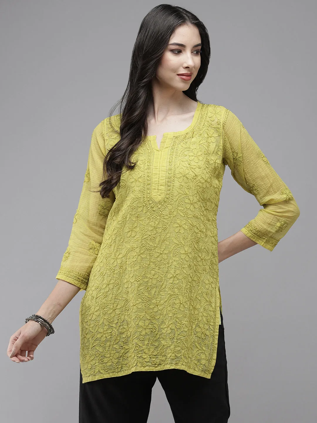 Lime Green Original Kota Chikankari Tunic With Slip