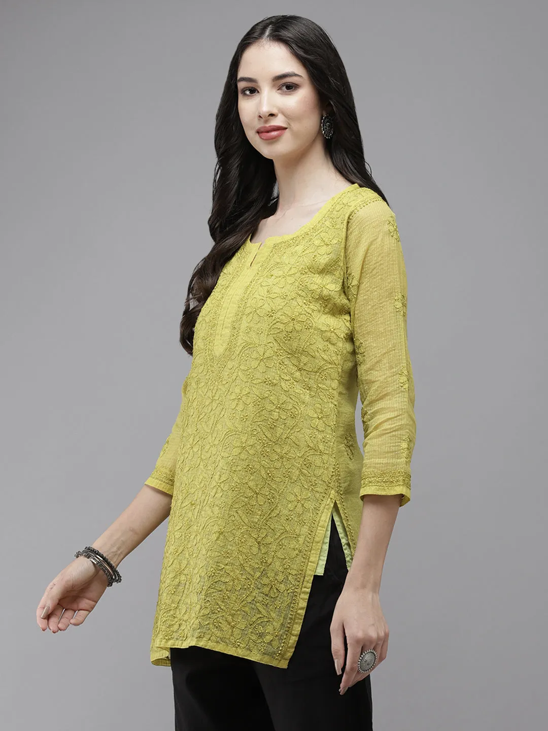 Lime Green Original Kota Chikankari Tunic With Slip