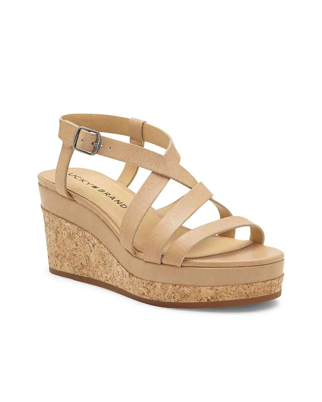 Lucky Brand Batikah Natural Nude Strappy Wedge Cork Crisscross Platform Sandals