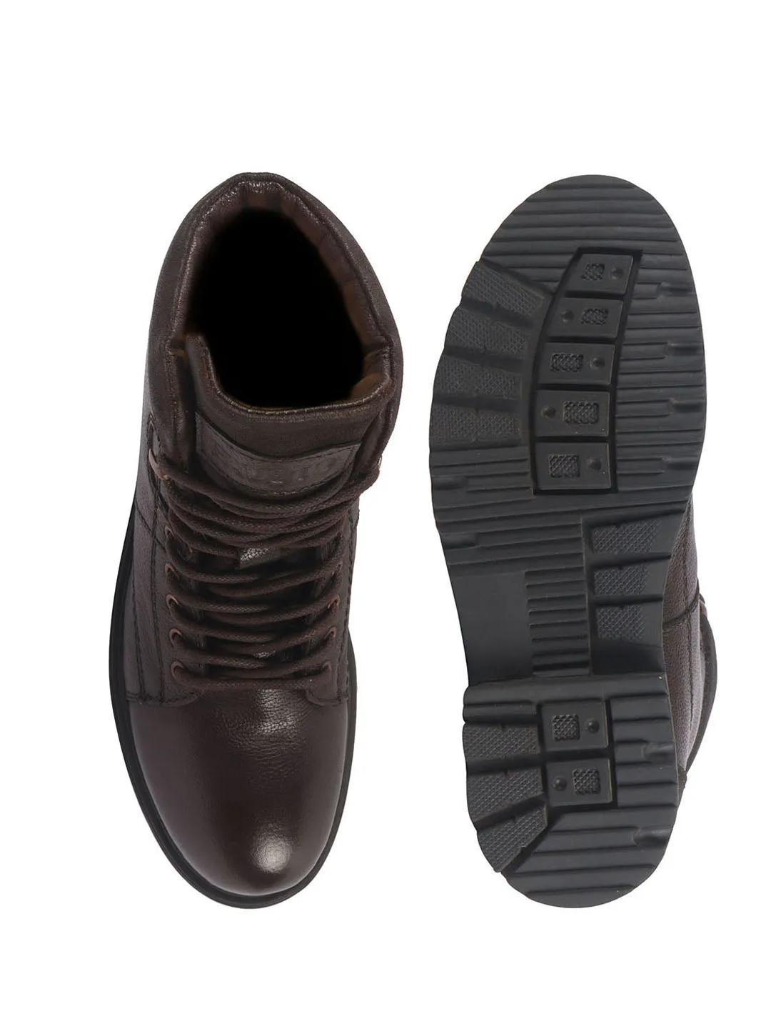 Men Brown Genuine Leather 7-Eye Lace Up Biking Boots with Memory Cushion Footbed|Slip Resistant Boots|Mid Top Boots