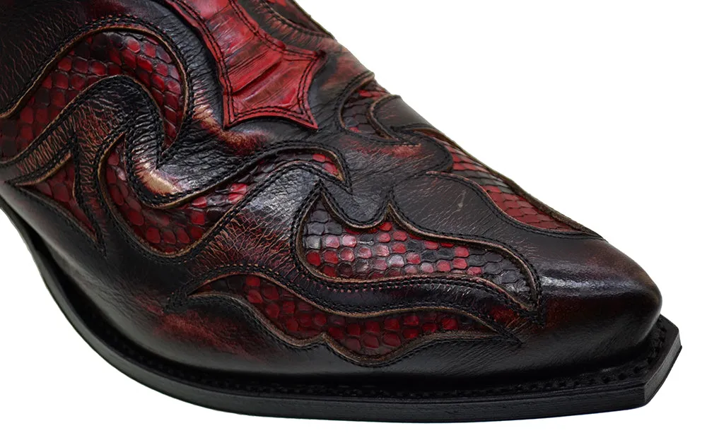Men's Cowboy Boots Sendra 7482P Red Leather Python Skin Cuban Heel