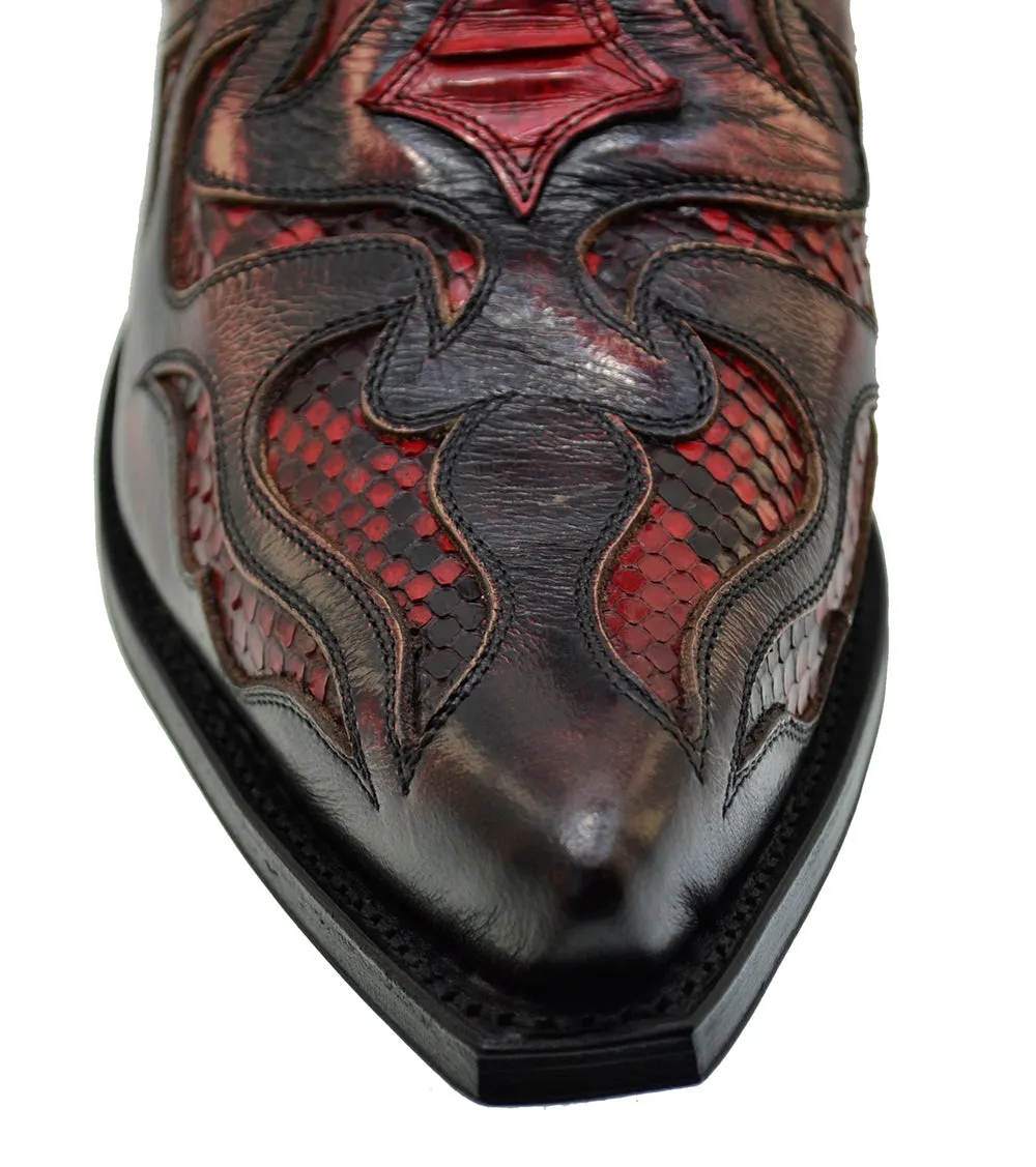 Men's Cowboy Boots Sendra 7482P Red Leather Python Skin Cuban Heel