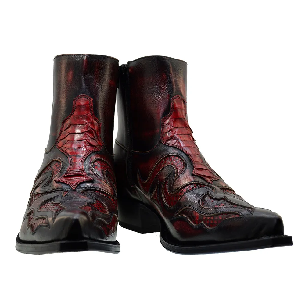 Men's Cowboy Boots Sendra 7482P Red Leather Python Skin Cuban Heel
