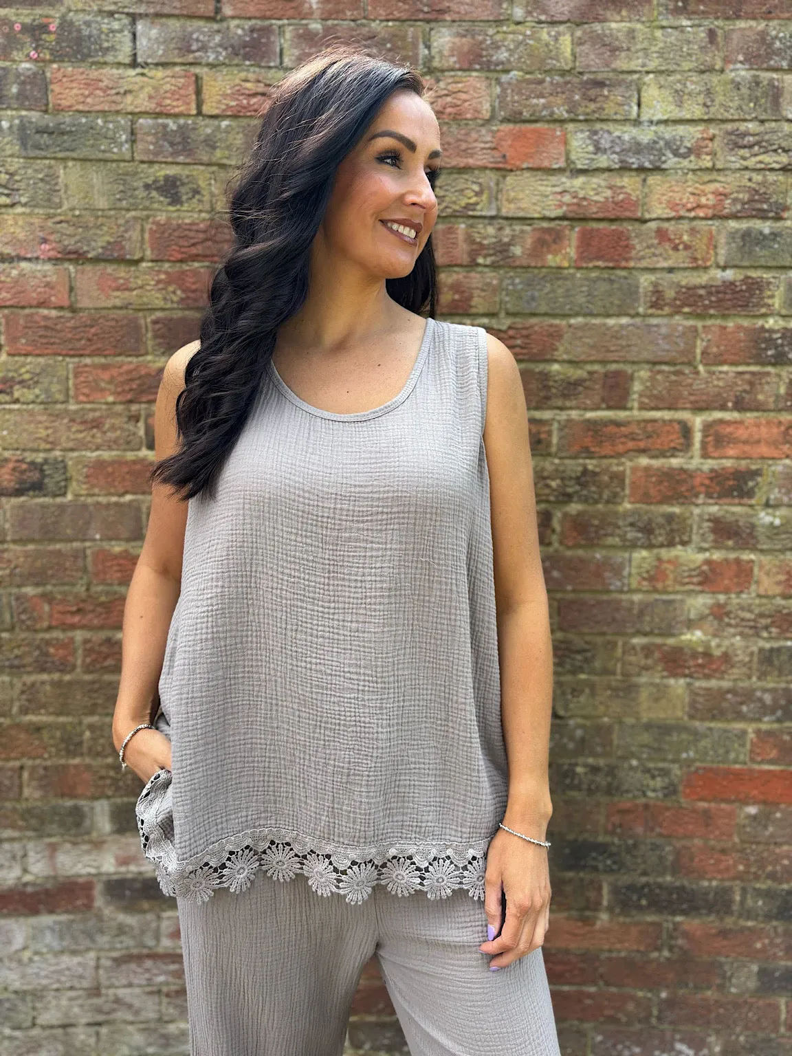 Mocha Crochet Detail Bubble Cotton Vest Alison
