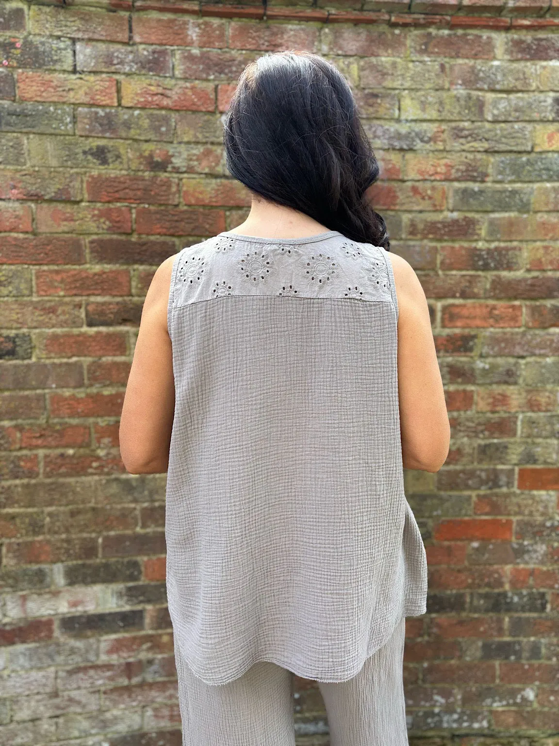 Mocha Crochet Detail Bubble Cotton Vest Alison
