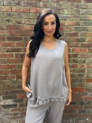 Mocha Crochet Detail Bubble Cotton Vest Alison