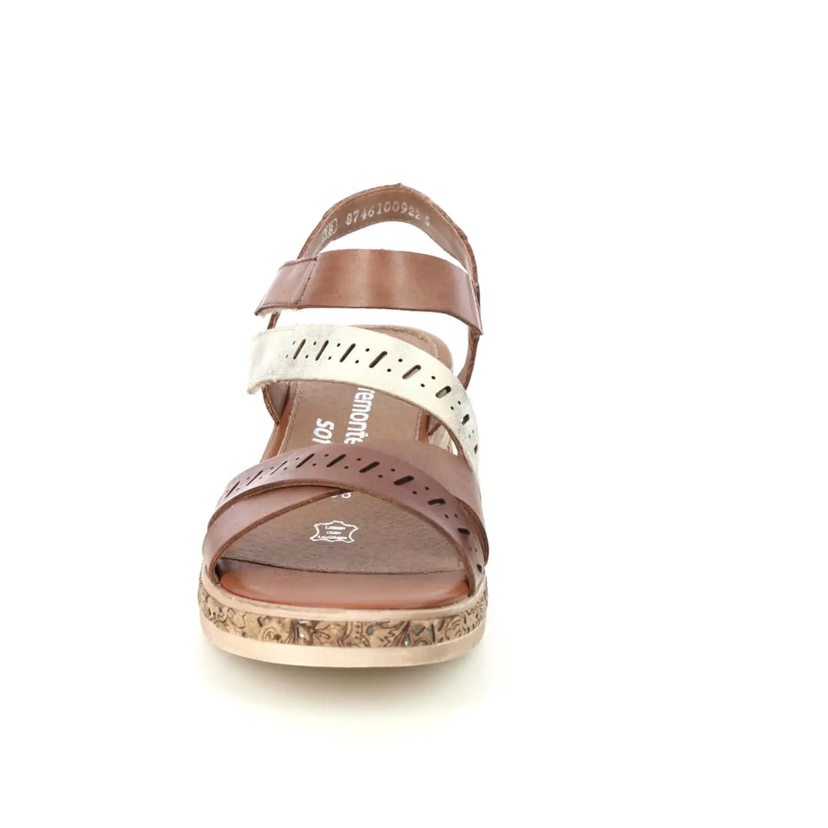 Remonte Tan Leather Cut Out Multi Straps Cork Trim Open Toe Wedge Sandal