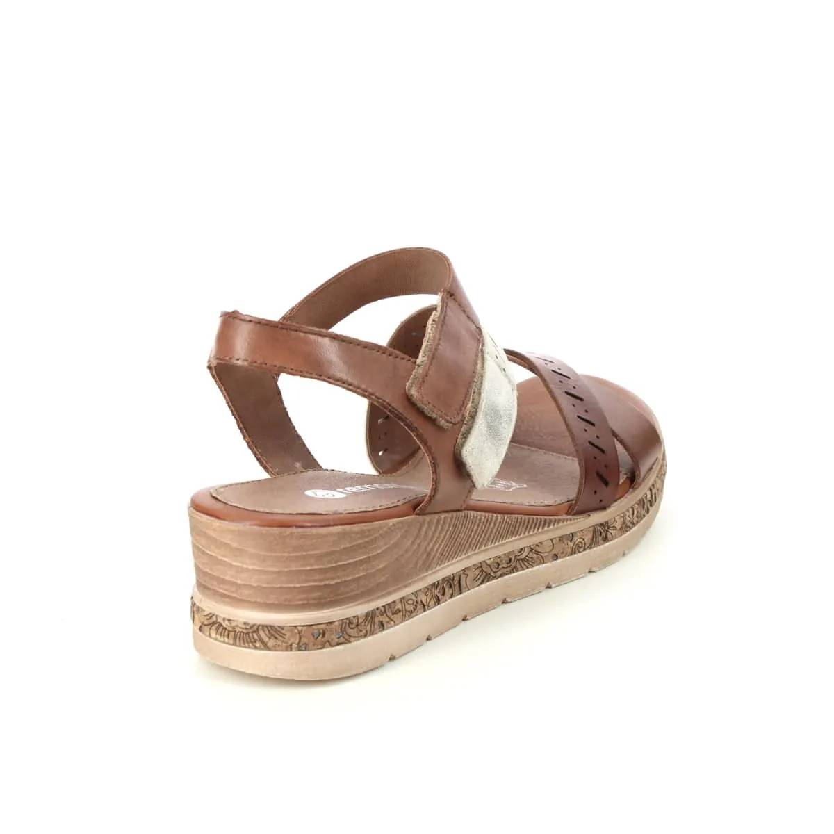 Remonte Tan Leather Cut Out Multi Straps Cork Trim Open Toe Wedge Sandal