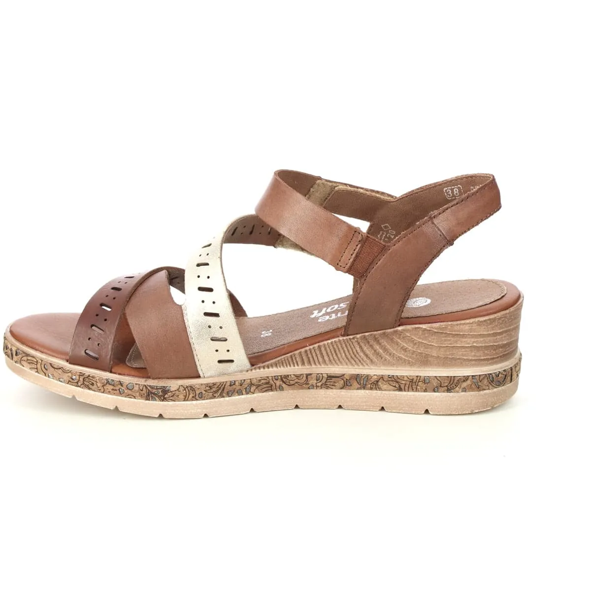 Remonte Tan Leather Cut Out Multi Straps Cork Trim Open Toe Wedge Sandal