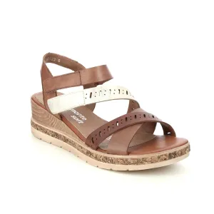 Remonte Tan Leather Cut Out Multi Straps Cork Trim Open Toe Wedge Sandal