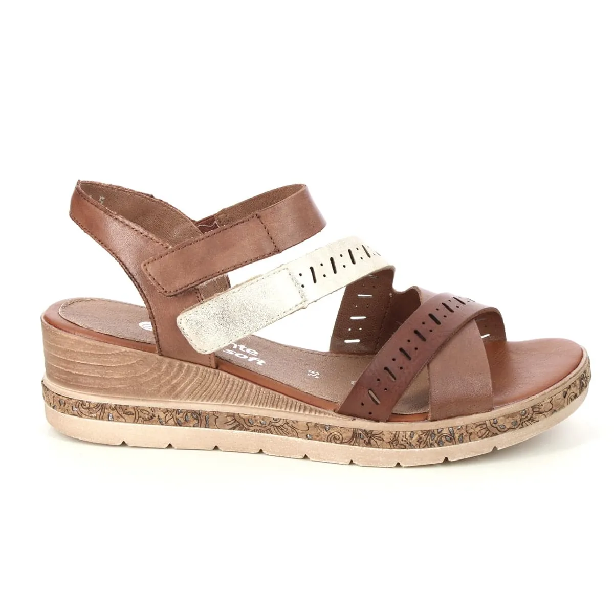 Remonte Tan Leather Cut Out Multi Straps Cork Trim Open Toe Wedge Sandal