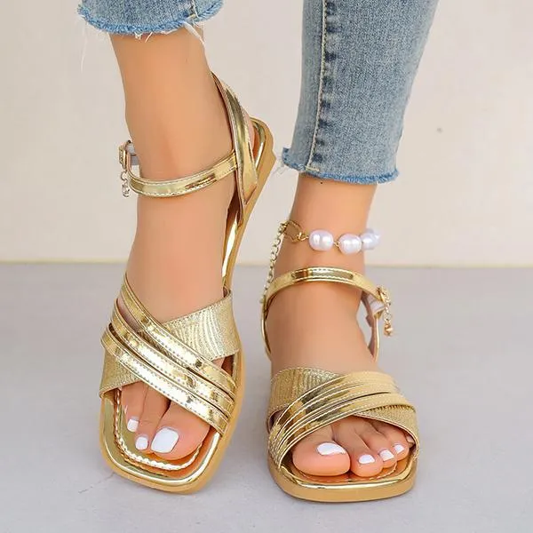 Women's Elegant Gold Cross Strap Flat Sandals 74341311S