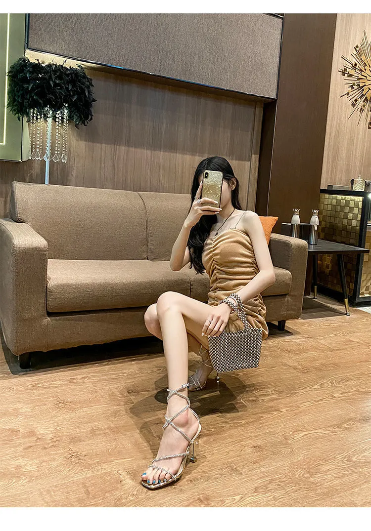 xiangtuibao Square head thin heel strap  summer new versatile silver thin ribbon diamond sandals women's Fairy fashion high heels